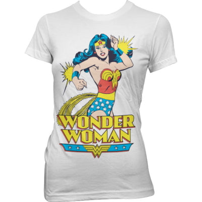 Hvid Kvinde t-shirt med retro tegning af Wonder Woman